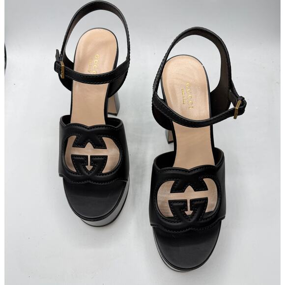 Gucci Interlocking G Platform High Heel Sandal Black Leather Cosmo Softy EU39 .5 - Picture 2 of 12